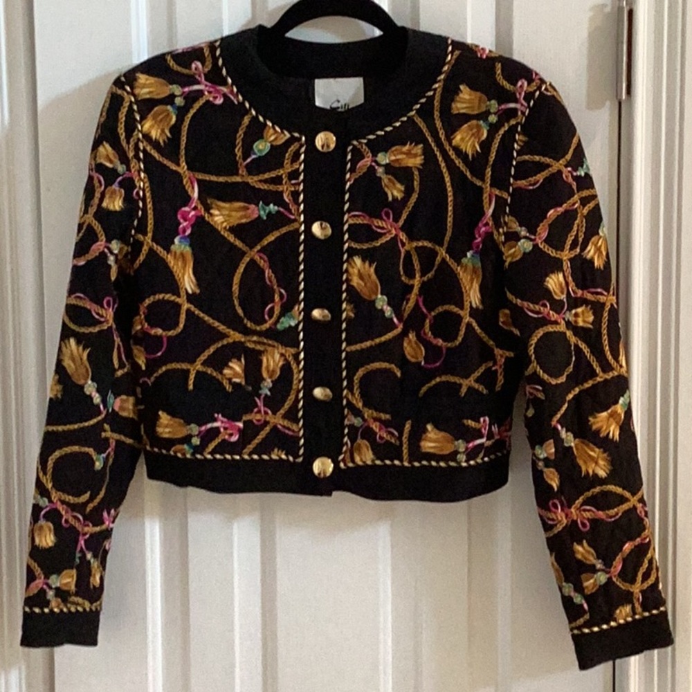Citi Vintage Black Silk Equestrian Print Cropped Jacket w/ Corded Trim